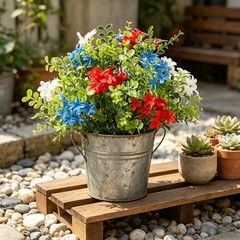 Patriotic Plastic Hydrangea Flower in Pot for Independence Day For Outdoor Use