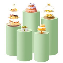 SaitiMade Set of 5 – Sage Green Cylinder Pedestal Stand Covers, Spandex Cylinder