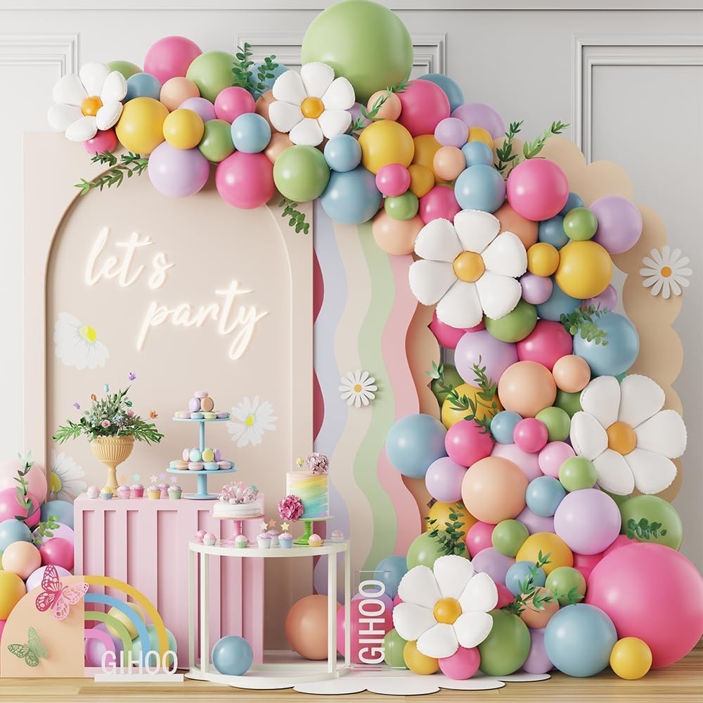 Daisy Flower Balloon Arch Kit 137PCS Pink and Green Yellow WildFlower Balloon…