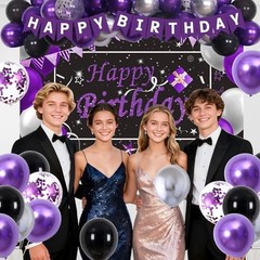 Black Purple Birthday Decorations for Women Girls Men, Purple and Silver Party