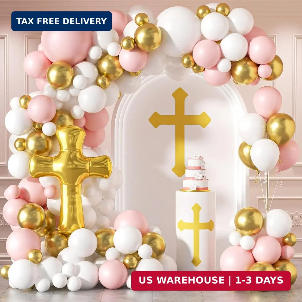 First Communion Balloons – Pink and White Gold with God Bless Balloon Garland Ar