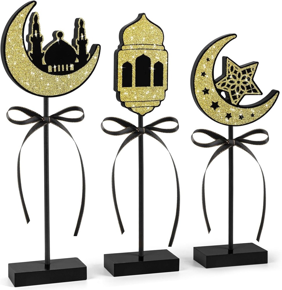 3 Pieces Ramadan Decorations Eid Mubarak Table Decor Wooden Shiny