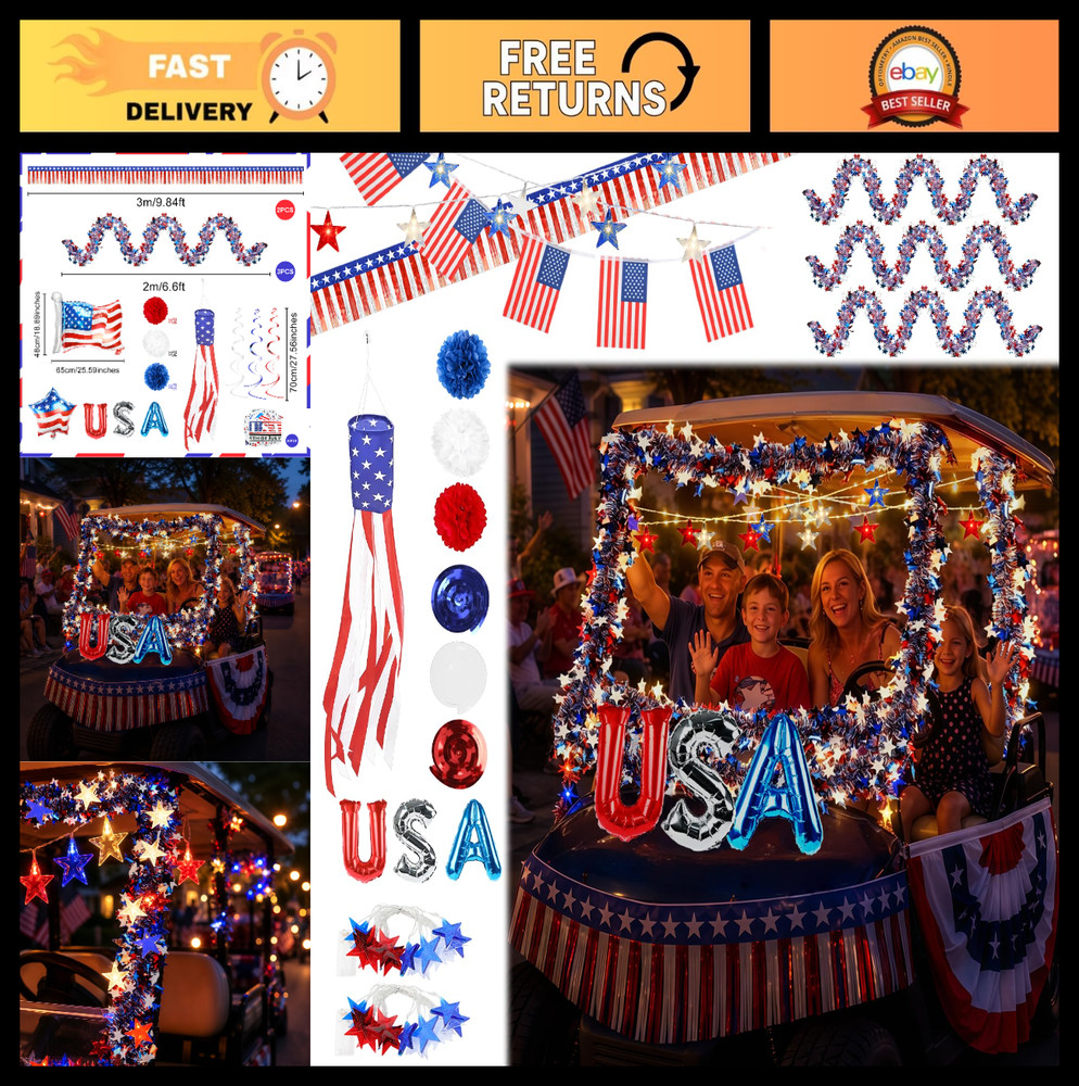 74 PCS 4th of July Golf Cart Decorations Kit – LED Star Lights, Patriotic Tinsel
