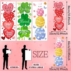 3 Sheets Extra Large Holiday Window Clings Decorations, Large Red Heart Shamrock