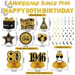 11Pcs 80th Birthday Decorations Kit for Men Women, Black Gold Happy 80th Birt…