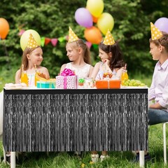 Morcheiong 2 Pack 29.5×108 Inch Black Foil Fringe Tinsel Table Skirts Disposa…