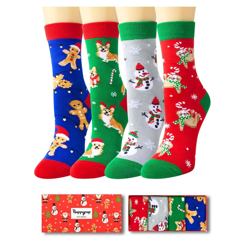 Christmas Holiday Socks 4 Pack, Xmas Stocking Stuffer Gifts for Kids, Women, Men