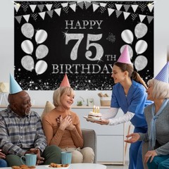 Happy 75th Birthday Banner, Black Silver 75th Birthday Party Decorations for …