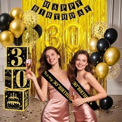 30th Birthday Decorations for Men Women, 50pcs Black and Gold Party Decoratio…