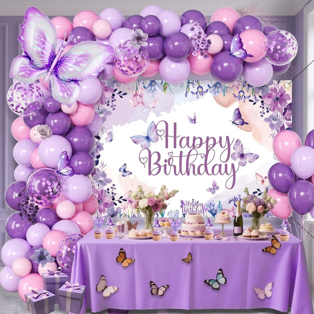 Purple Butterfly Birthday Decorations Balloon Arch Kit – Glitter Butterfly Party