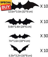 60PCS Halloween Bats Decoration, 4 Different Sizes Realistic PVC Black 3D Scary