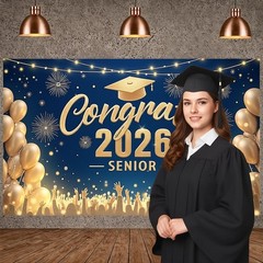 Blue Gold Graduation Banner Decorations Navy Blue Congrats 2026 Graduation Pa…