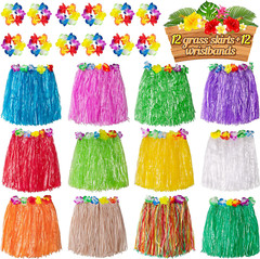 12PCS Hawaiian Luau Hula Skirts with 12PCS Wristbands for Tropical Party Favors