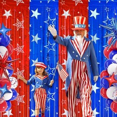 4th of July Backdrop Decorations, 2 Pack Star Print Red Blue Streamers Tinsel…