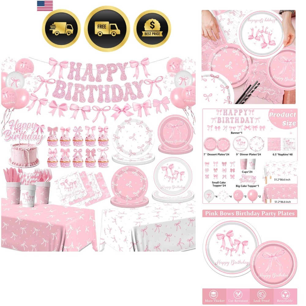 Pink Bow Birthday Party Supplies Set for 24 Guests Coquette Tableware Decor