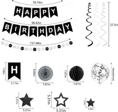 Black Silver White Birthday Decorations Kit Balloons Banner Party Supplies
