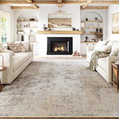 9×12 Washable Area Rug Beige Grey Abstract Non Slip Soft Low Pile Rug for Liv…