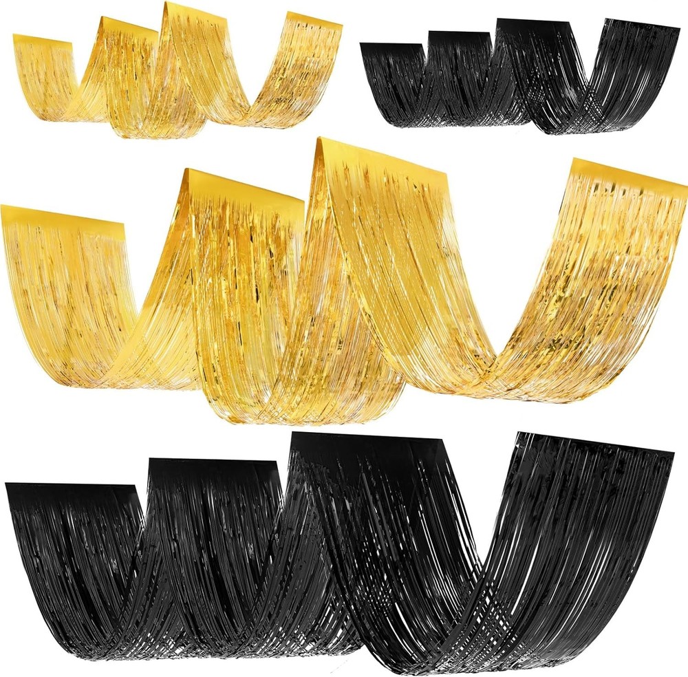4 Pcs 15ft Gold and Black Metallic Foil Ceiling Fringe Curtains, Graduation