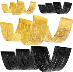 4 Pcs 15ft Gold and Black Metallic Foil Ceiling Fringe Curtains, Graduation