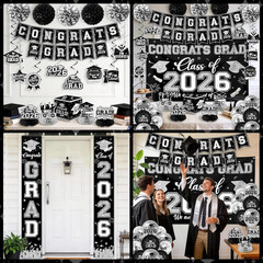 Black and Silver Graduation Decorations 2026 Set, All-In-1 Kit with Congrats Gra
