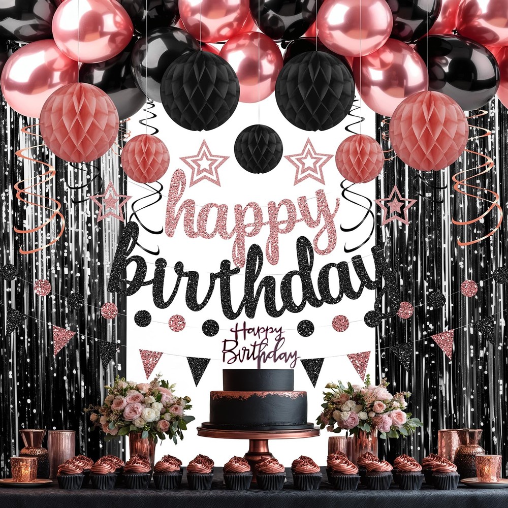 Rose Gold and Black Birthday Party Decorations Set – Happy Birthday Banner Ba…