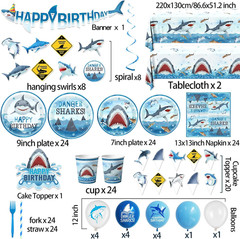 Shark Birthday Party Decorations, 190Pcs Shark Party Supplies Tableware Set with