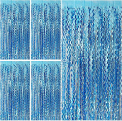 Blue Backdrop Wavy Tinsel Foil Fringe Curtains for Parties Sparkle Metallic Wavy