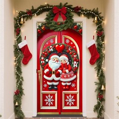 2D flat festive door bannerSanta Couple Door Decorations Holiday Indoor Outdo…