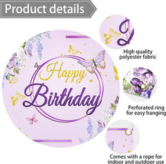 Birthday Party Background,Elegant Purple & Gold Floral Butterfly Happy Birthday