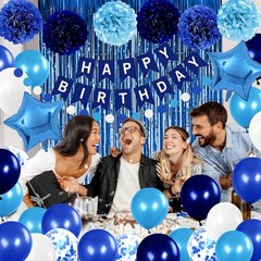 Blue Birthday Party Decorations Balloons Banner Curtain Pom Poms Banner Gifts