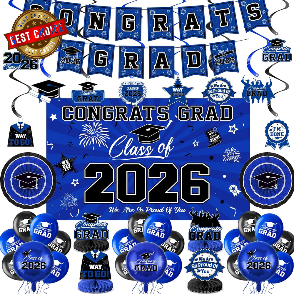 Graduation Decorations 2026-Blue and Black Graduation Party Decorations Supplies