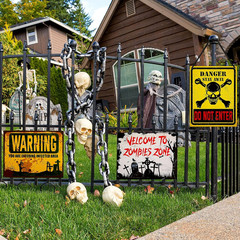 12 Pieces Halloween Zombie Beware Sign Set Halloween Party Haunted House Props C