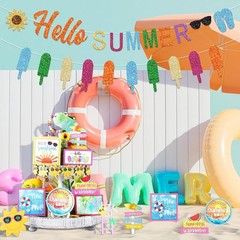 Summer Garland Hello Summer Banner W/ Colorful Glittery Popsicle Banner