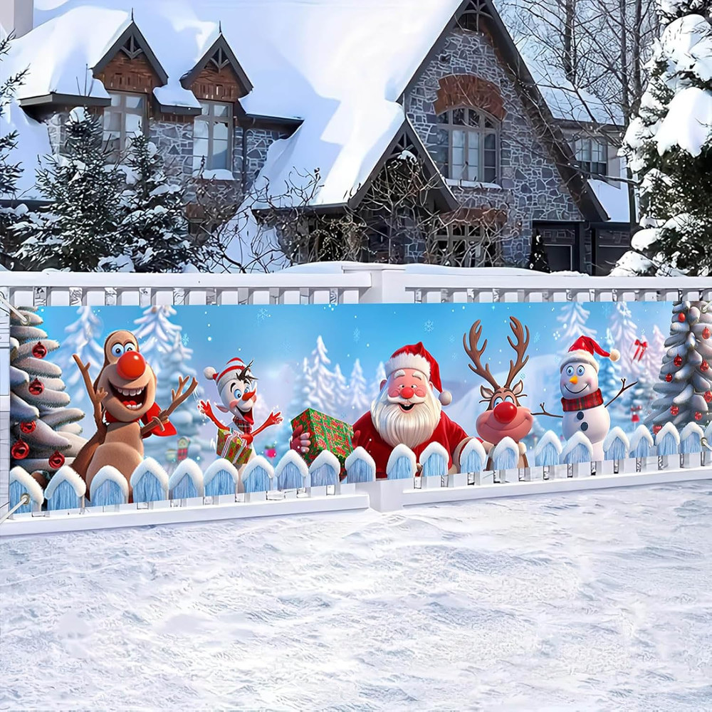 Merry Christmas Decorations Snowman Santa Reindeer Fence Banner Xmas Gift 78X17″