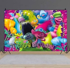 Trolls Theme Happy Birthday Backdrop 5×3.5ft,for Kids Birthday Party Decoration