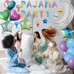 44 Pieces PAJAMA PARTY Balloons Silver Moon Star Rainbow Gradient Heart Aluminum
