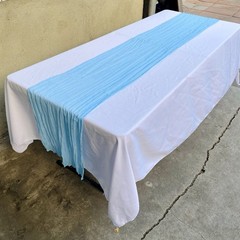 Lot of White Table Sheets (8), Blue Runners (12), Blue Pacifier Necklaces (17)