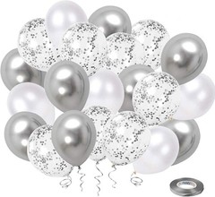 50 Pack White Silver Confetti Balloons 12 Inch Metallic Party Decor Ribbon