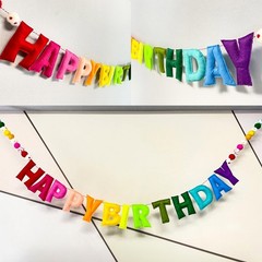 Pre-Strung 4 Inches 6.56Ft, Rainbow Happy Birthday Banner with Wool Balls