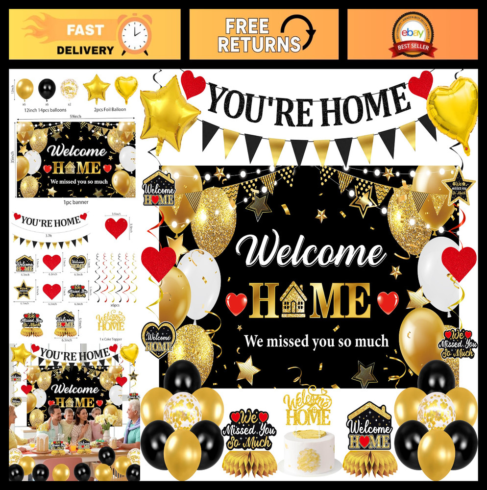 Welcome Home Decoration – Black Gold We Missed You Banner, Glitter Party Sign &