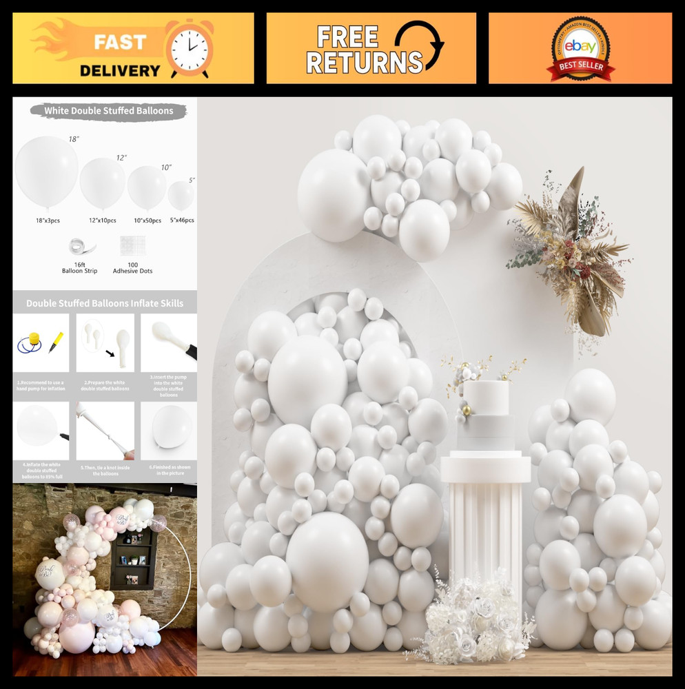 White Double Stuffed Balloons 115Pcs – 5/10/12/18″ Arch Garland Kit for Party De