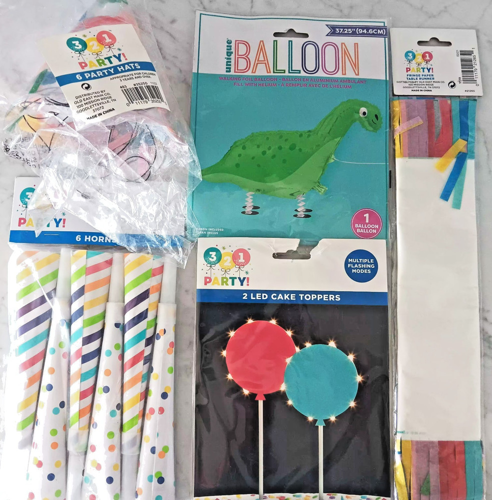 321 Party! Birthday Balloons LED CAKE TOPPER, HATS, HORNS, TABLE RUNNER 5 NEW