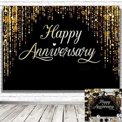 Happy Anniversary Backdrop Party Decorations, Black Gold Glitter Bokeh Dots W…