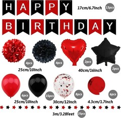 Black & Red Birthday Decorations Set – Banner, Balloons & Pompoms for All Ages
