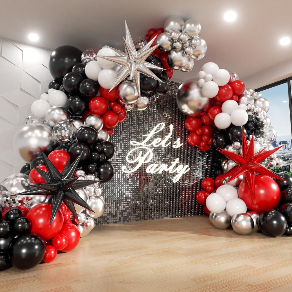 Red and Black Balloon Arch Kit with Star Balloons, Red Black and White Metall…