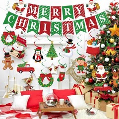 Merry Christmas Banner with Pre-Strung Red Green Hanging Swirls Party Decor