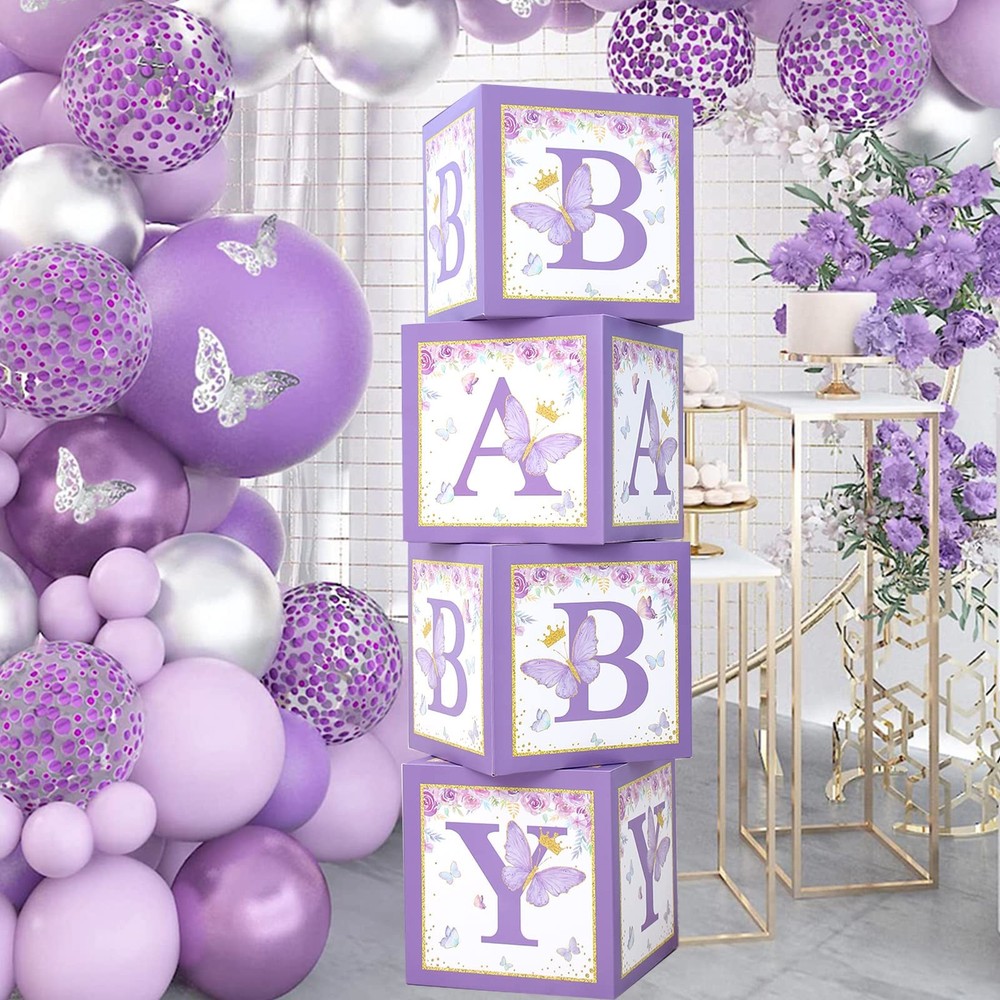 DataMoon Purple Butterfly Baby Shower Boxes Decorations – 4 Purple Balloons B…