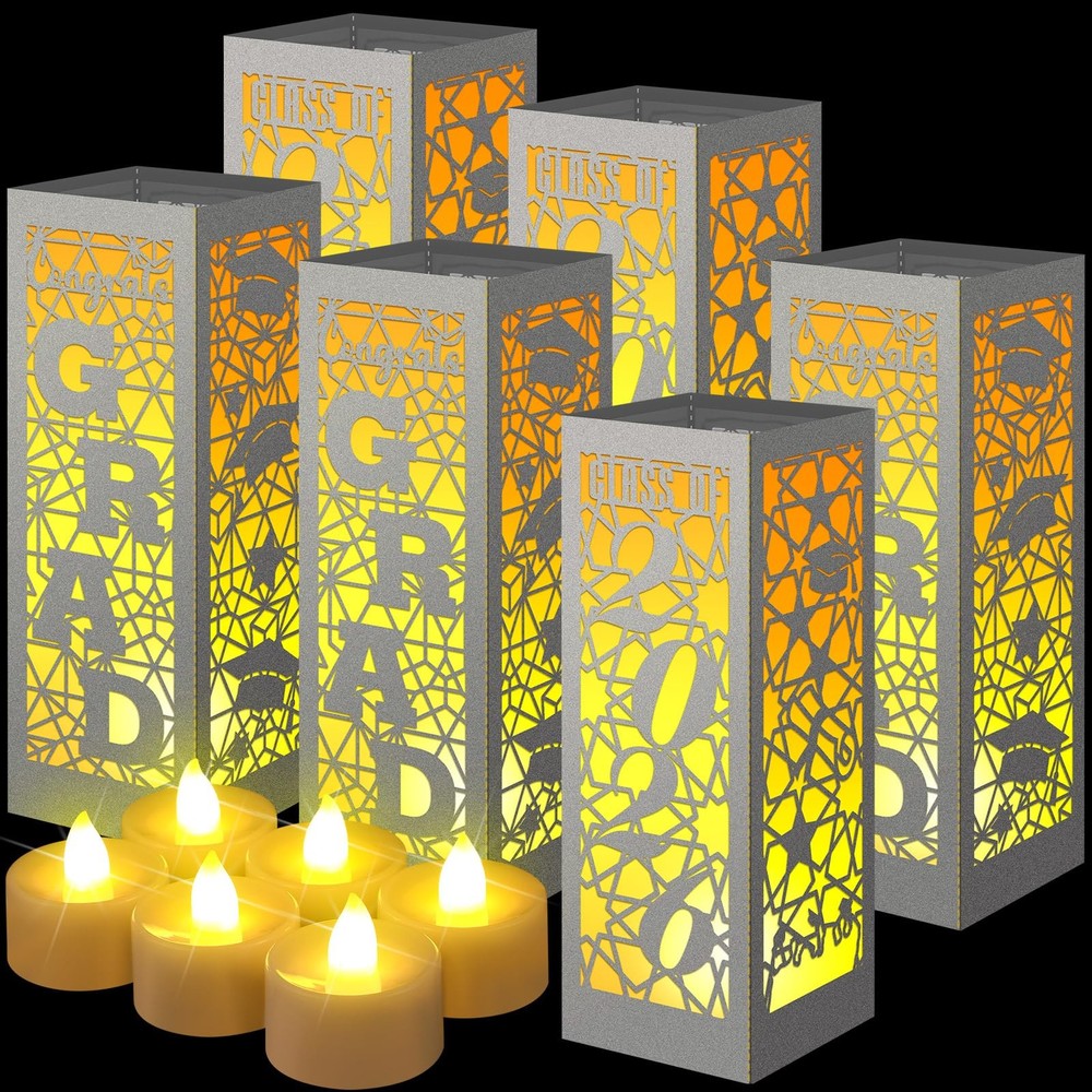 6 PCS Class of 2026 Graduation Lanterns Centerpiece LED Candle Silver Set