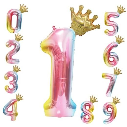 40 Inch Rainbow Balloon with Crown- Giant Gradient Foil Balloon for Number 1