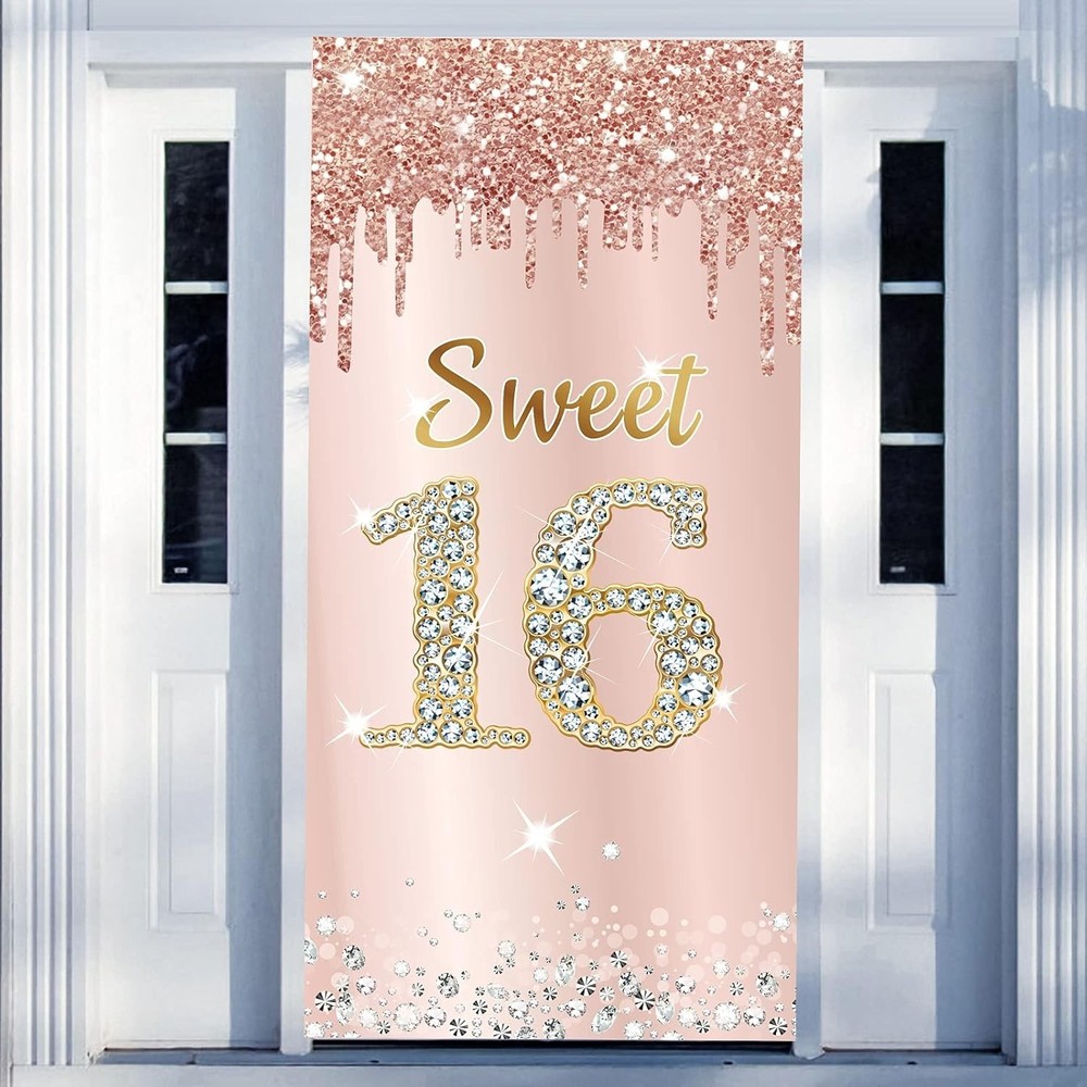Sweet 16 Birthday Door Banner Backdrop Decorations for Girls, Pink Rose Gold …